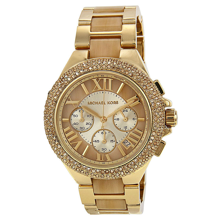 Michael Kors Camille Chronograph Champagne Dial Gold-tone and Horn Acetate Ladies Watch MK5902