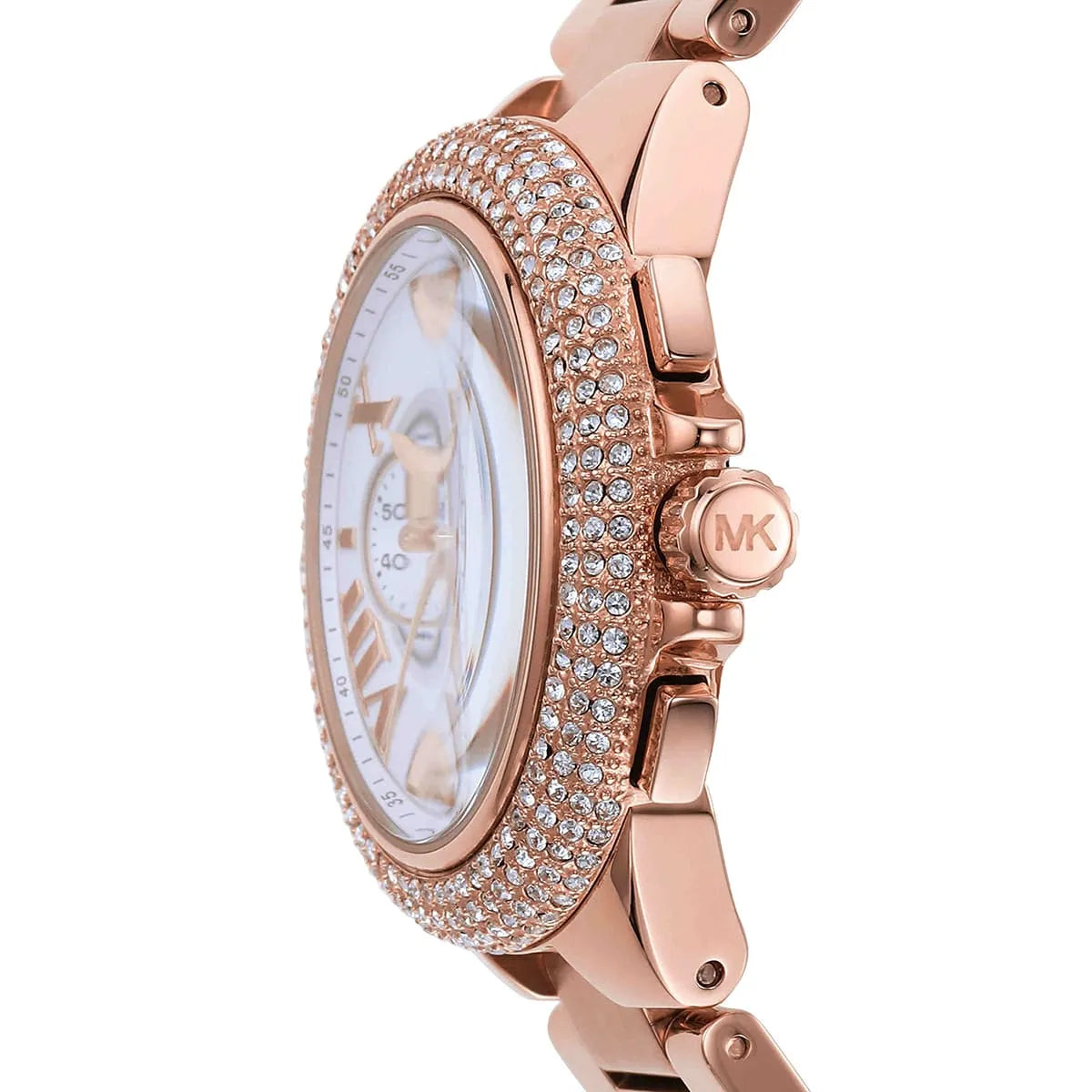 Side view of Michael Kors Camille MK6995 showing crystal-pavé bezel and rose gold bracelet