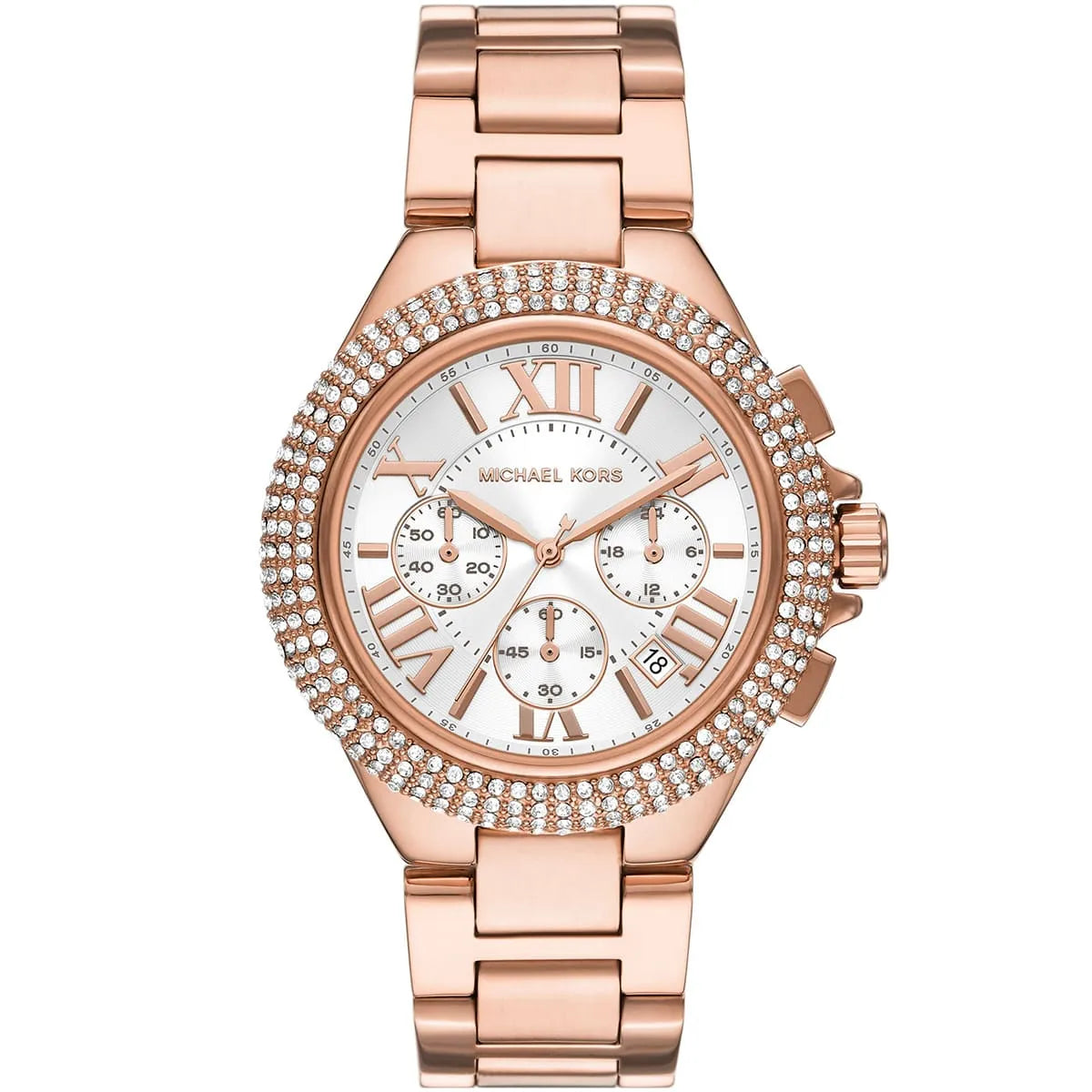 Michael Kors Camille MK6995 rose gold-tone watch with crystal-pavé bezel and white chronograph dial