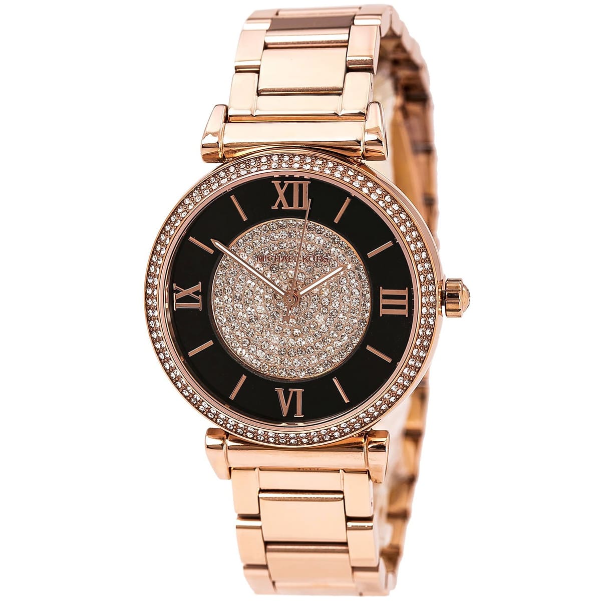 Michael Kors Catlin rose gold women's watch with black dial, Roman numerals, and glitter center