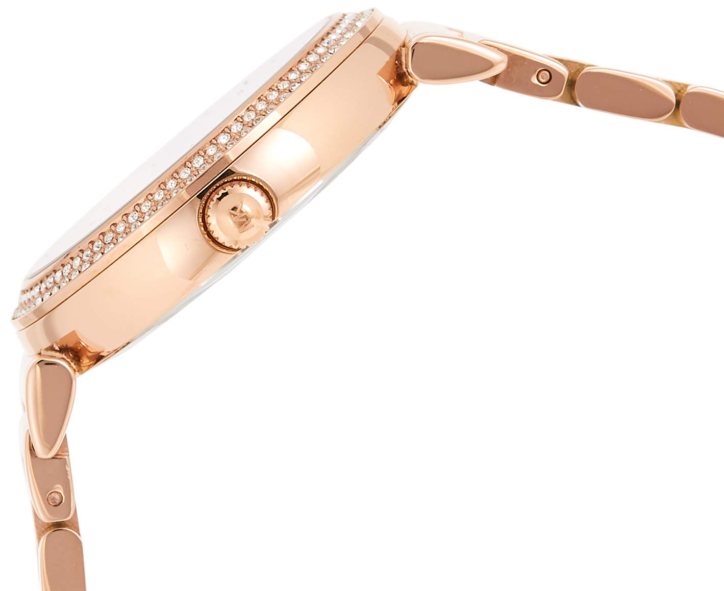 Side view of rose gold Catlin watch with crystal-encrusted bezel and link bracelet
