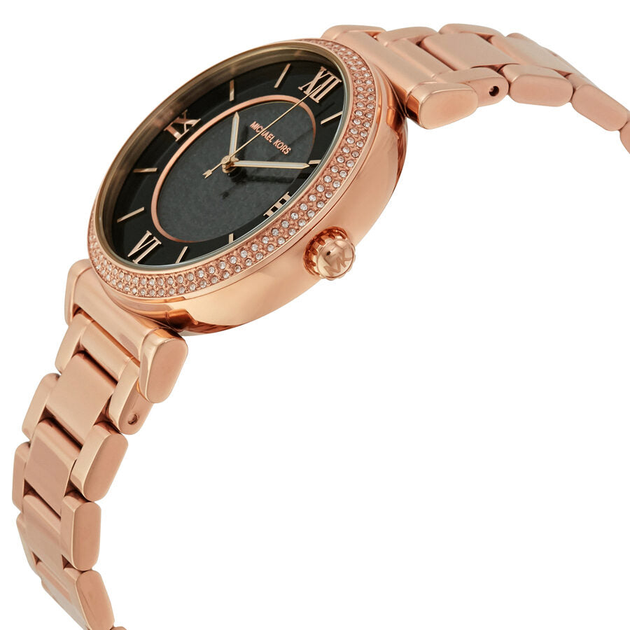 Michael Kors Catlin Black Crystal Pave Dial Rose Gold Steel Ladies Watch MK3356