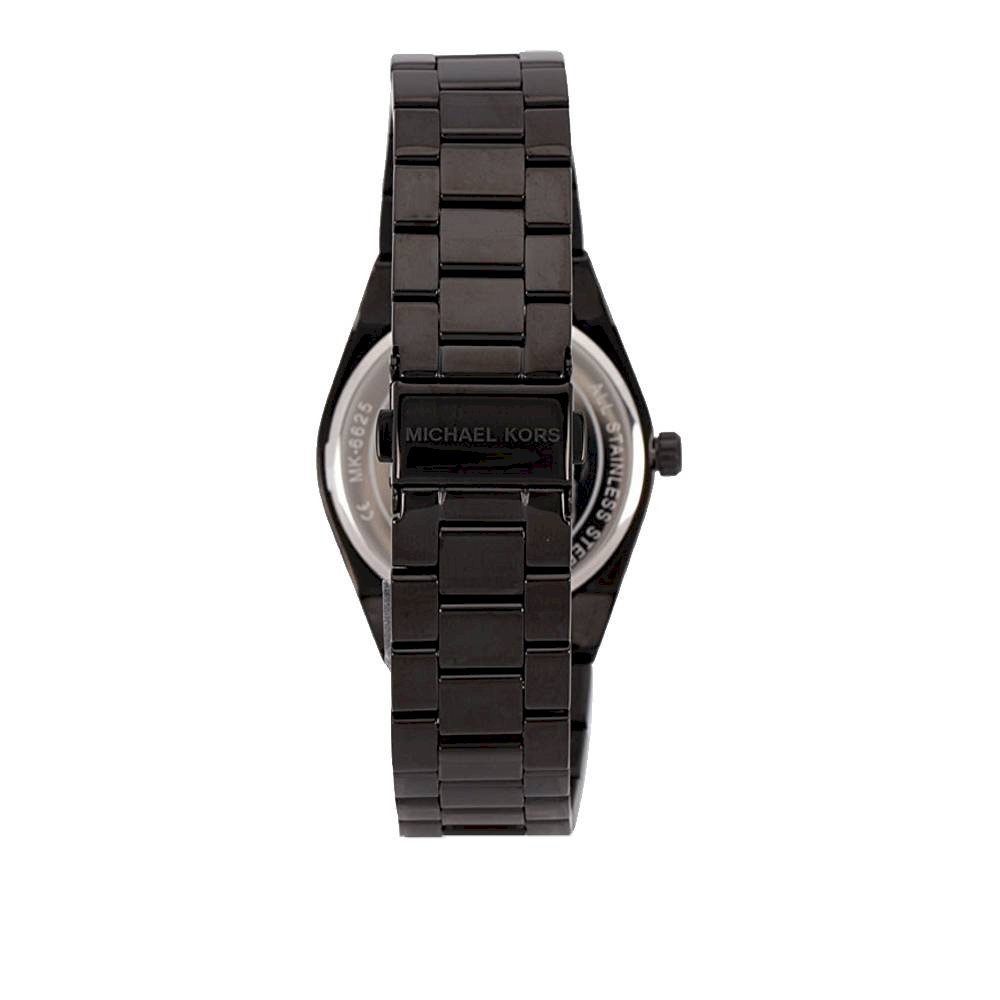 Caseback view of Michael Kors Channing watch with black stainless steel bracelet