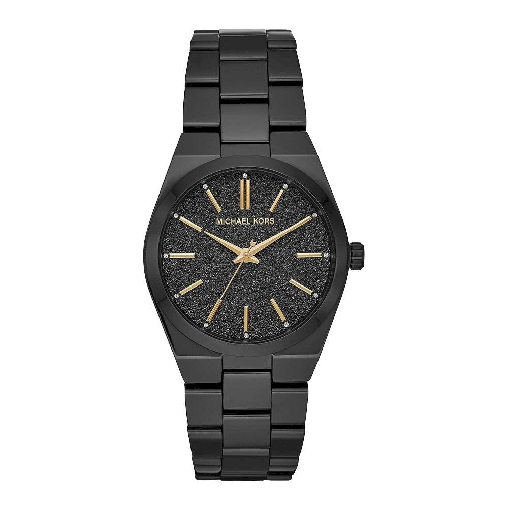 Michael Kors Channing all-black women's watch with sparkle dial and gold-tone hands and indexes