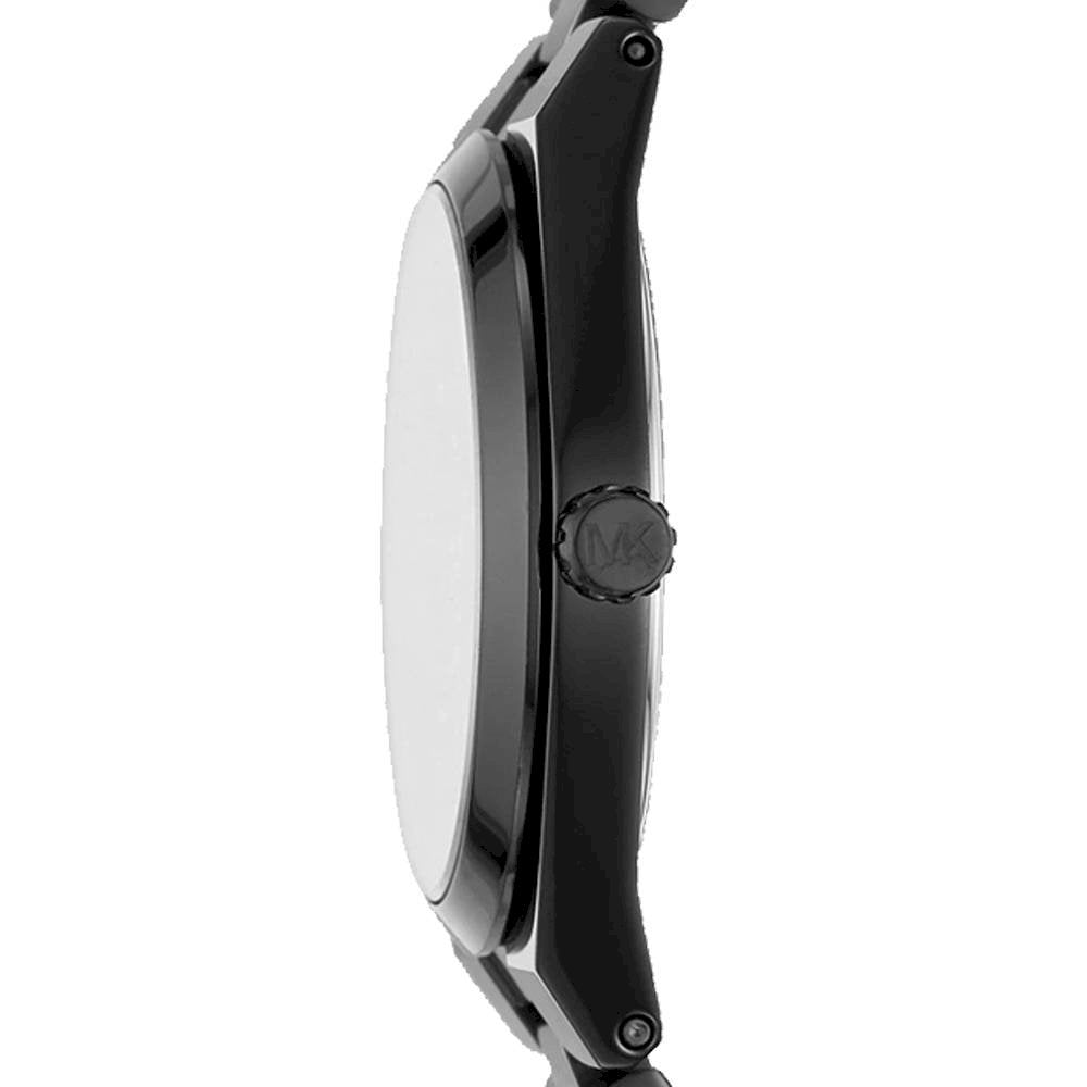 Side profile of Michael Kors Channing women's watch showing case thickness and black crown