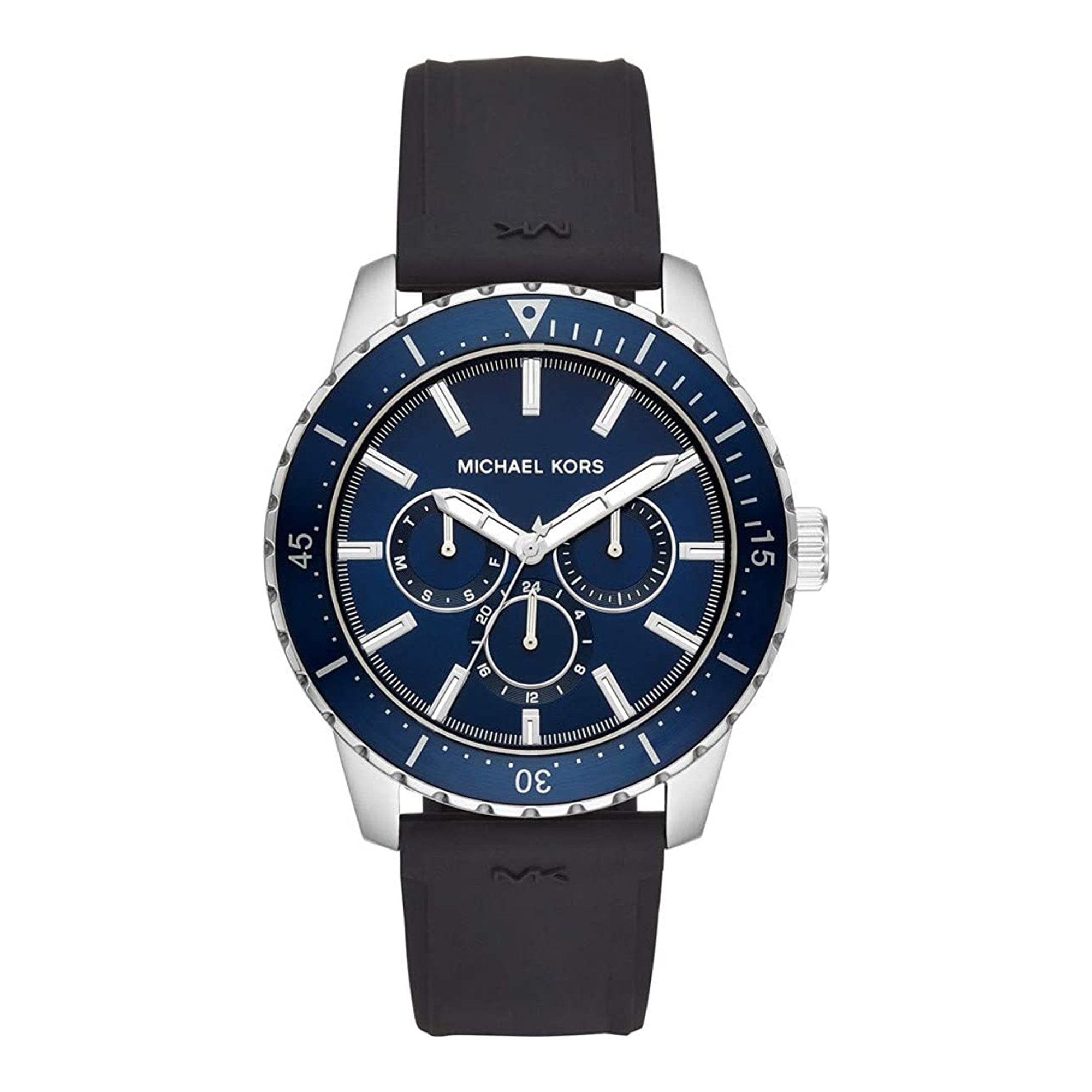Michael Kors Cunningham multifunction watch with blue dial and black silicone strap