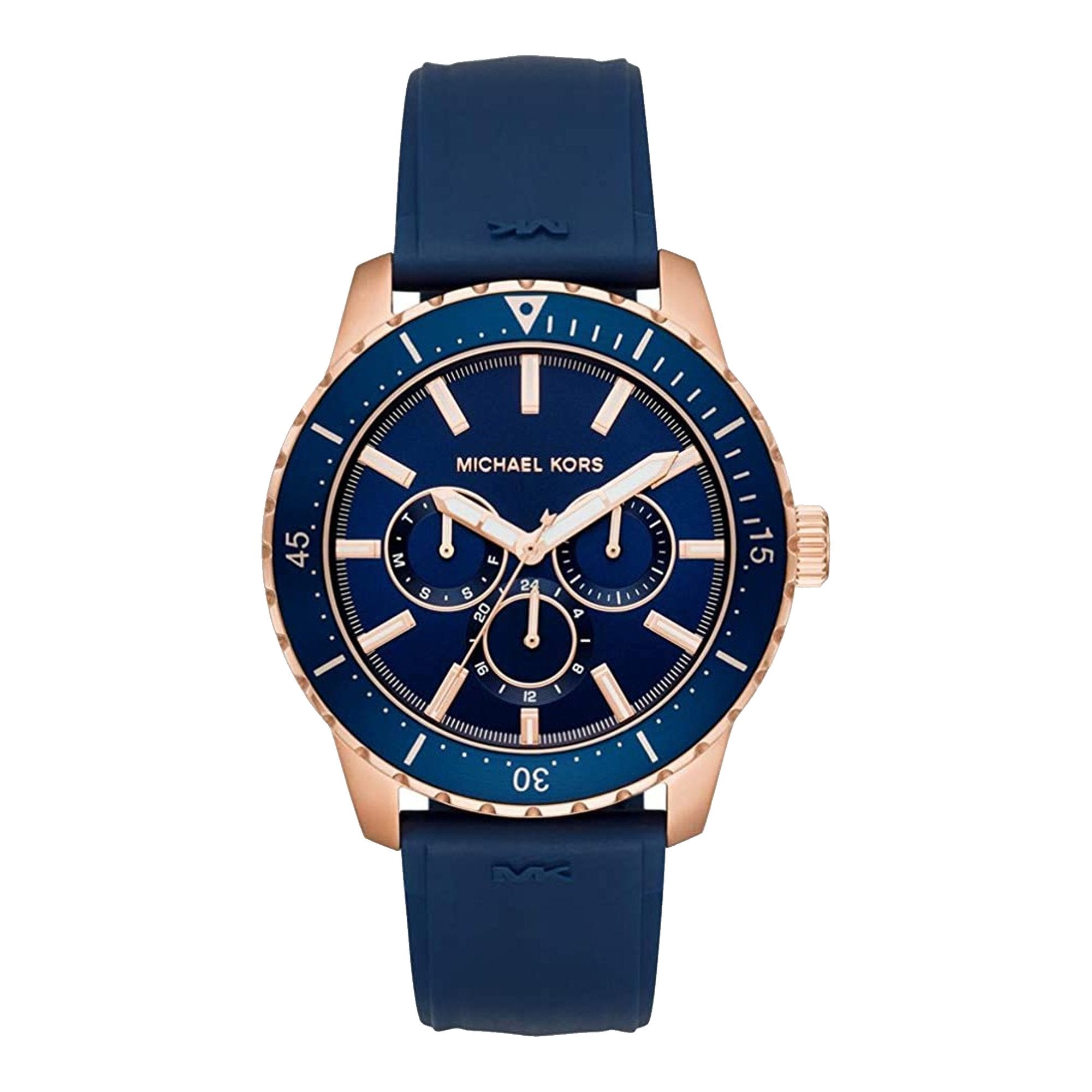 Michael Kors Cunningham men's chronograph watch with blue dial, rose gold case, and blue silicone strap