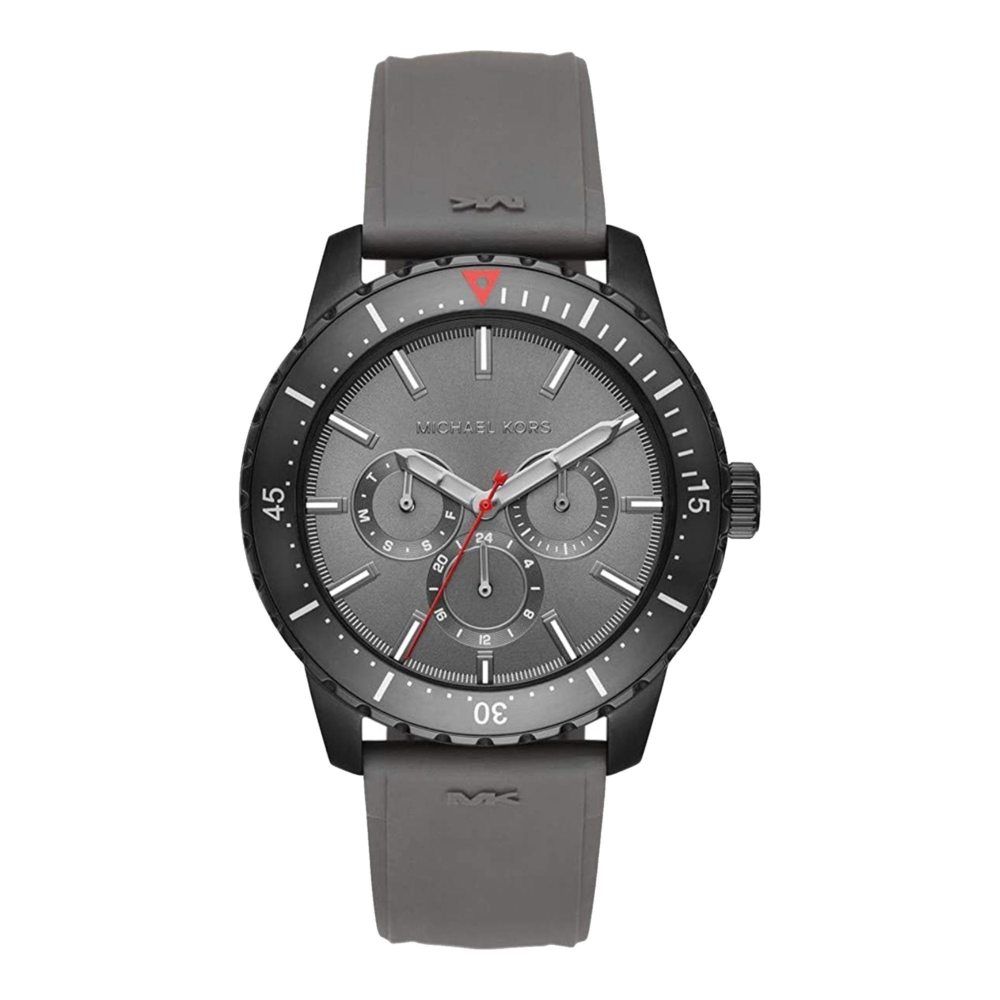 Michael Kors Cunningham black chronograph watch with gray rubber strap and subdials