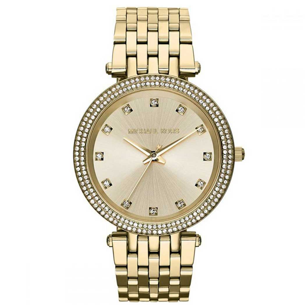 Michael Kors Darci all-gold women's watch with crystal-paved bezel and champagne dial