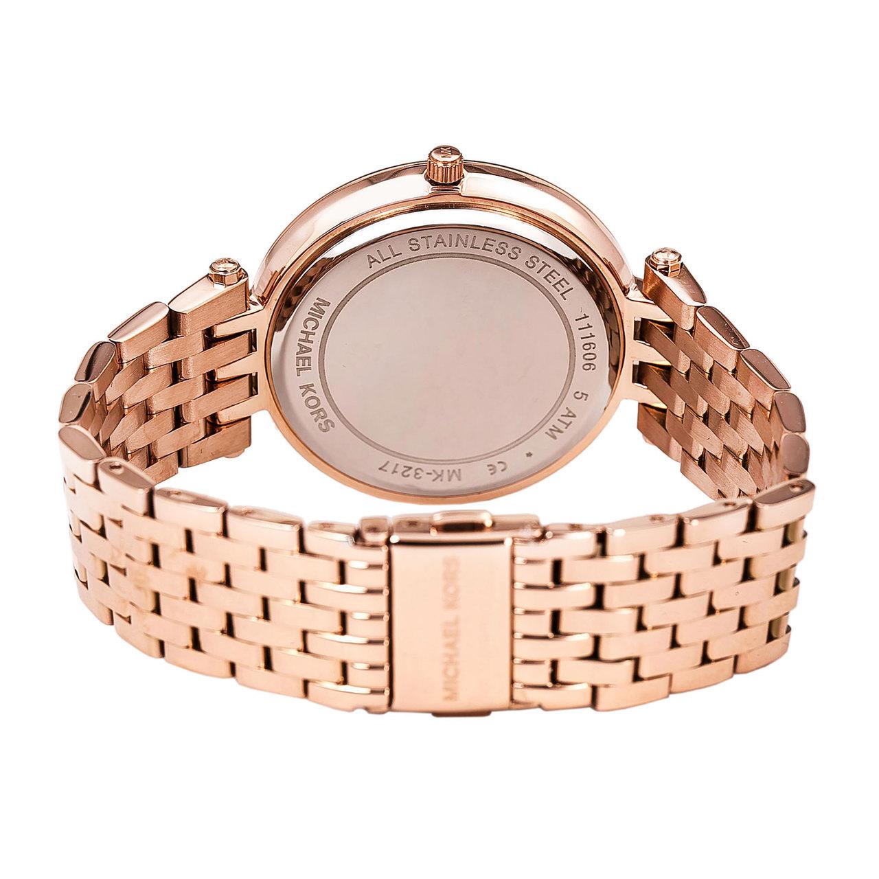 Michael Kors Darci MK3217 caseback showing rose gold stainless steel with engraved text