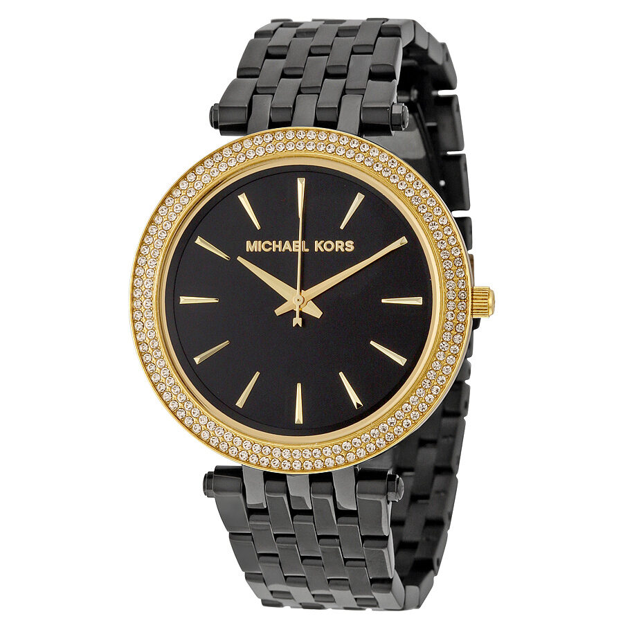 Michael Kors Darci women's watch with black dial, gold-tone indices, crystal bezel, and black bracelet