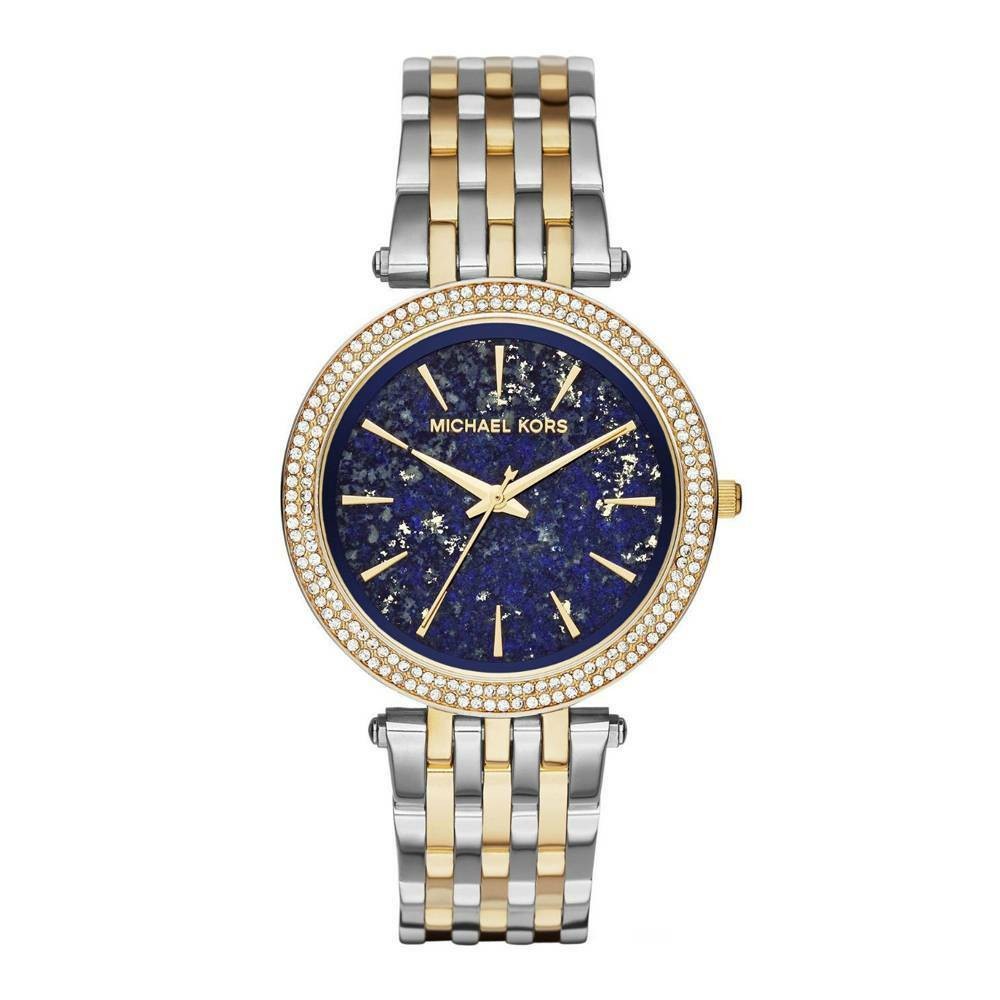 Michael Kors Darci two-tone women's watch with blue dial, crystal-set bezel, and two-tone bracelet
