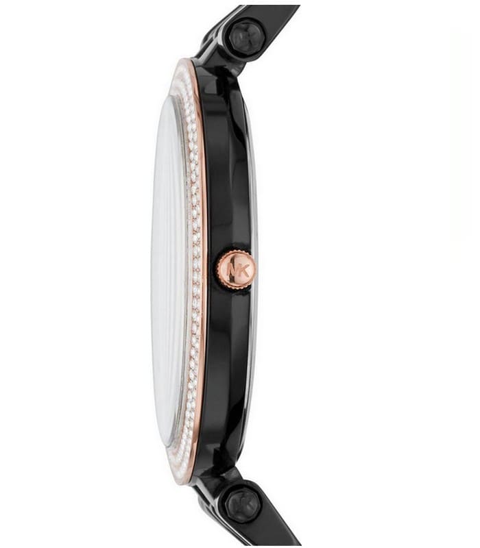 Side profile of Michael Kors Darci watch showing crystal-embellished rose gold case bezel