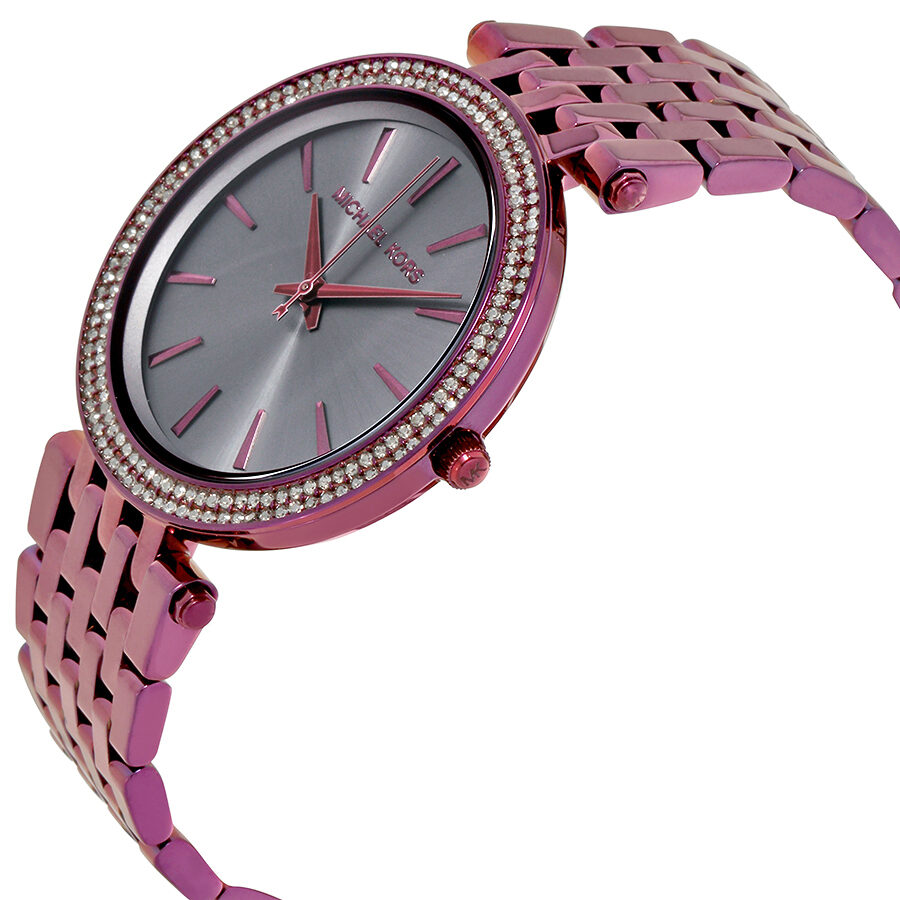 Michael Kors Darci plum ion-plated watch angled view showing gunmetal dial and bracelet