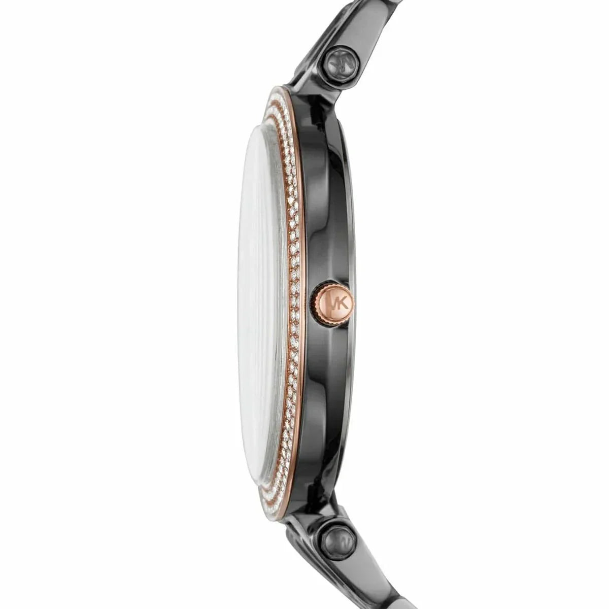 Side profile of Michael Kors Darci MK3584 watch case and two-tone bracelet