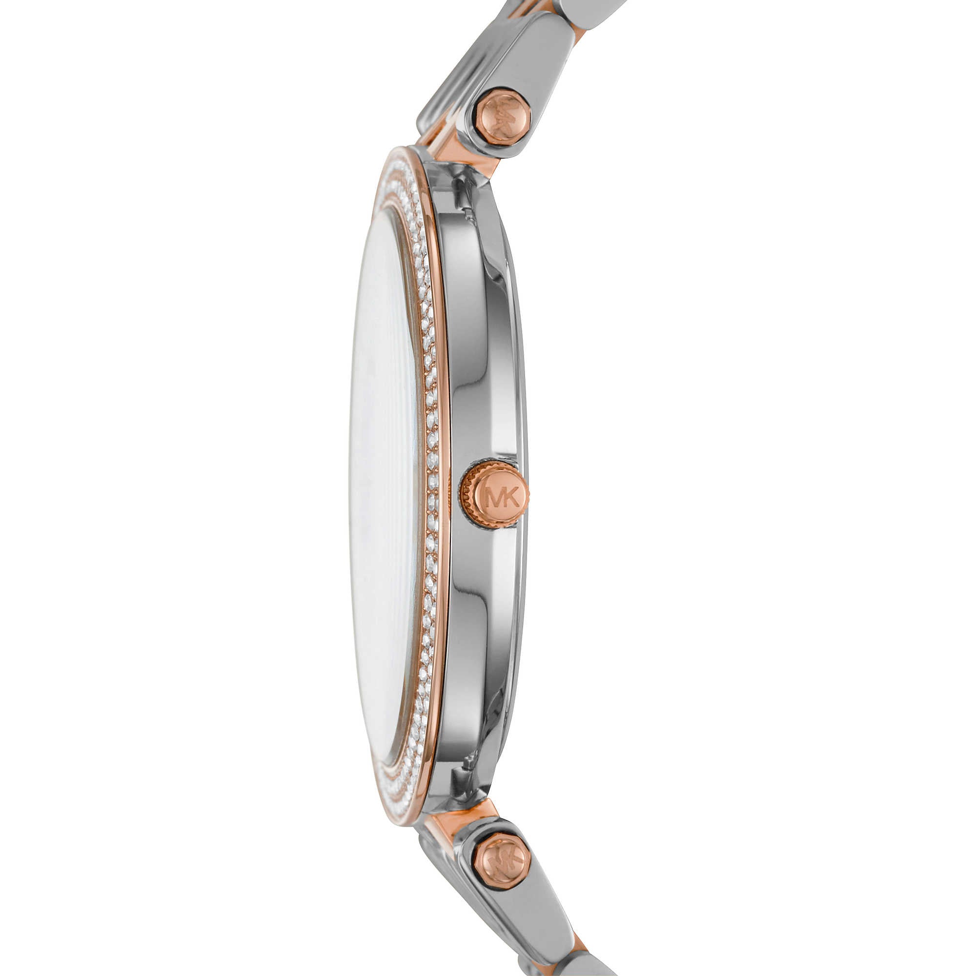 Side profile showing case depth and mixed rose gold and silver two-tone bracelet