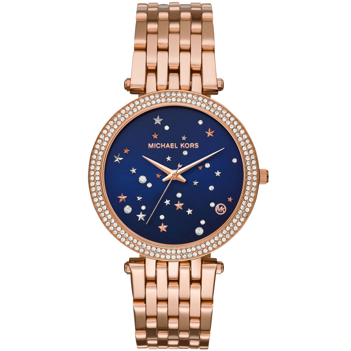 Michael Kors Darci rose gold-tone women's watch with blue dial and crystal-set bezel