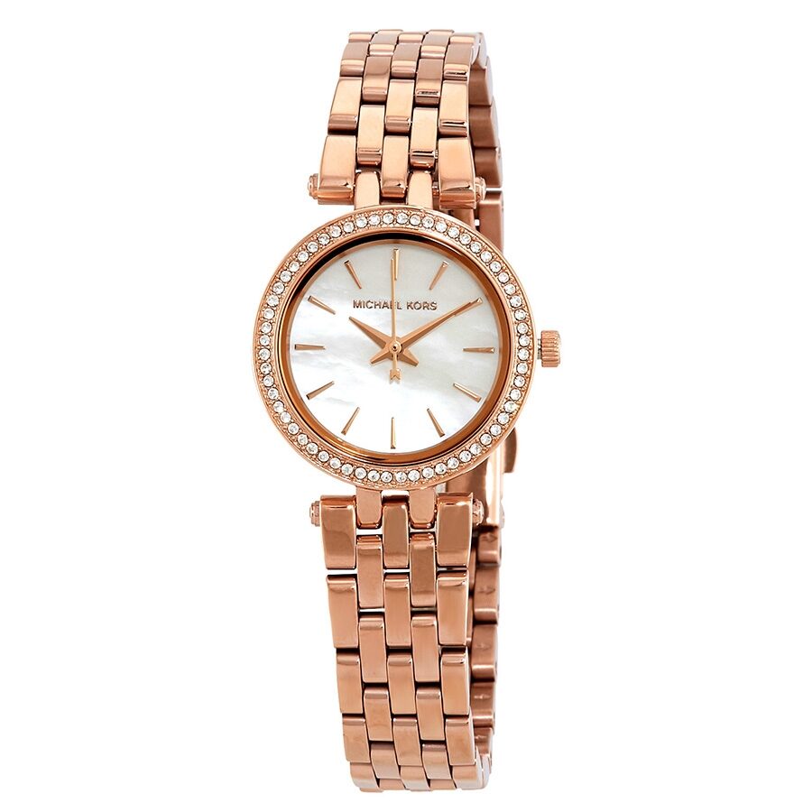 Michael Kors Darci white mother-of-pearl dial rose-gold women's watch with crystal bezel