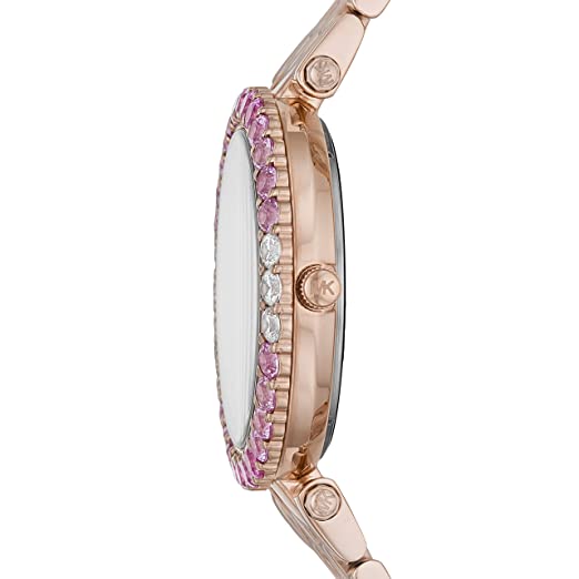Side profile of rose gold watch showing bezel detail and crystal embellishment