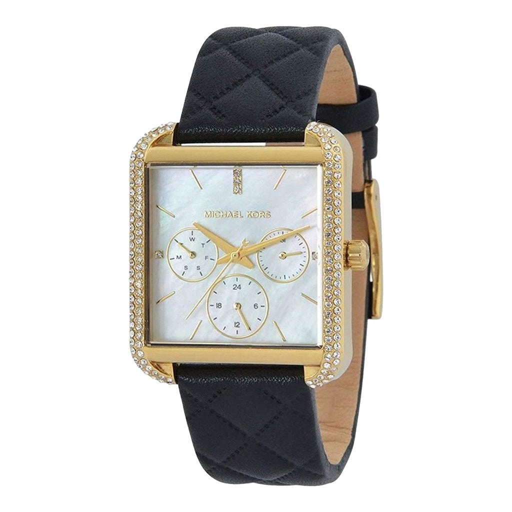 Michael Kors Drew MK2769 three-quarter view showing gold case, MOP dial, and quilted leather strap