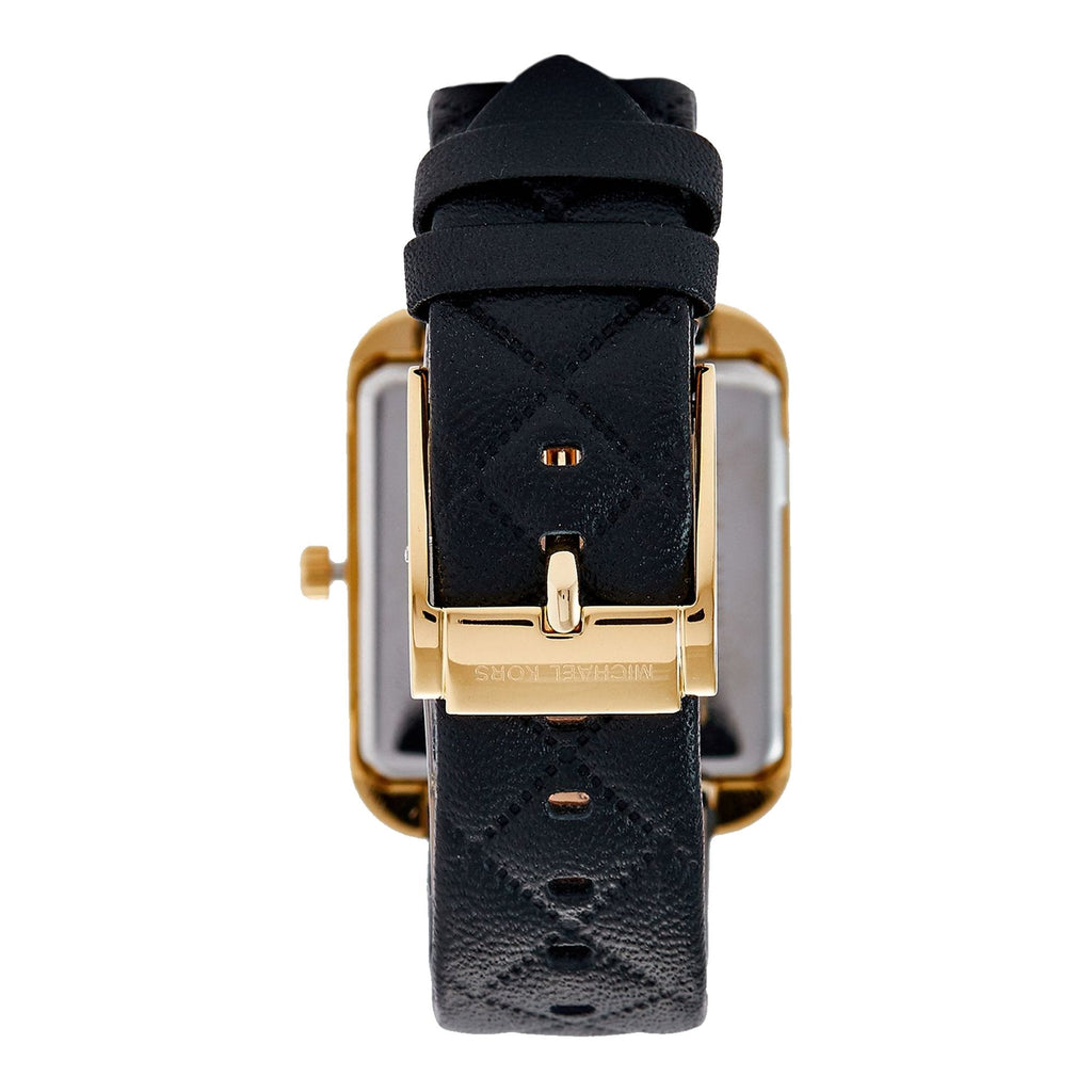 Back view of Michael Kors Drew MK2769 watch showing gold case back and black leather strap
