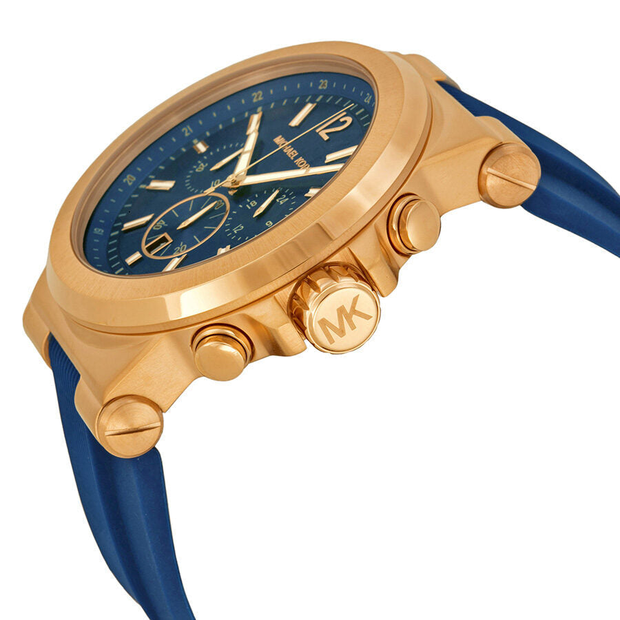 Michael Kors Dylan chronograph watch angle view showing rose gold case and navy silicone strap