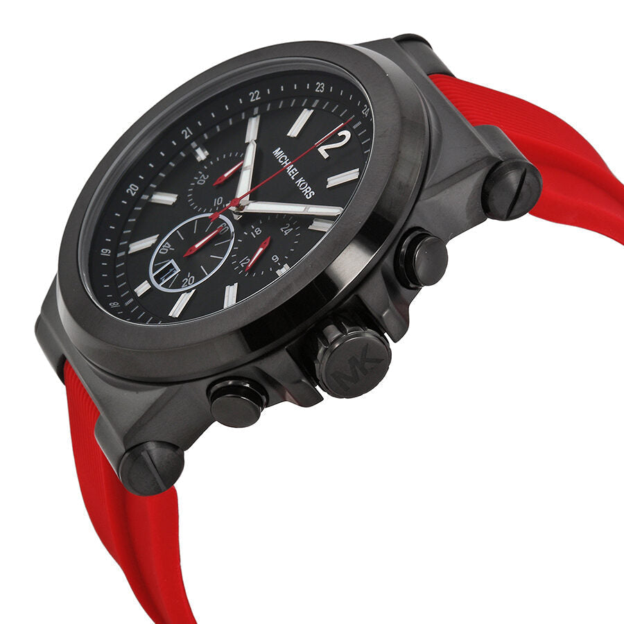 Michael Kors Dylan chronograph watch at angle showing case, dial, and red strap