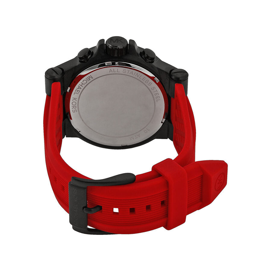 Michael Kors Dylan chronograph watch caseback showing red silicone strap