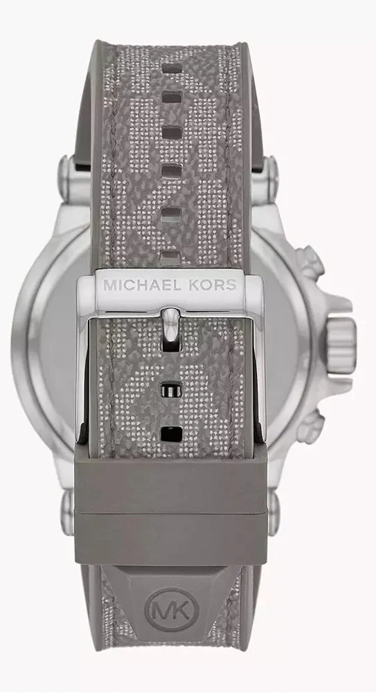 Michael Kors Dylan watch case back showing grey PVC strap and Michael Kors branding