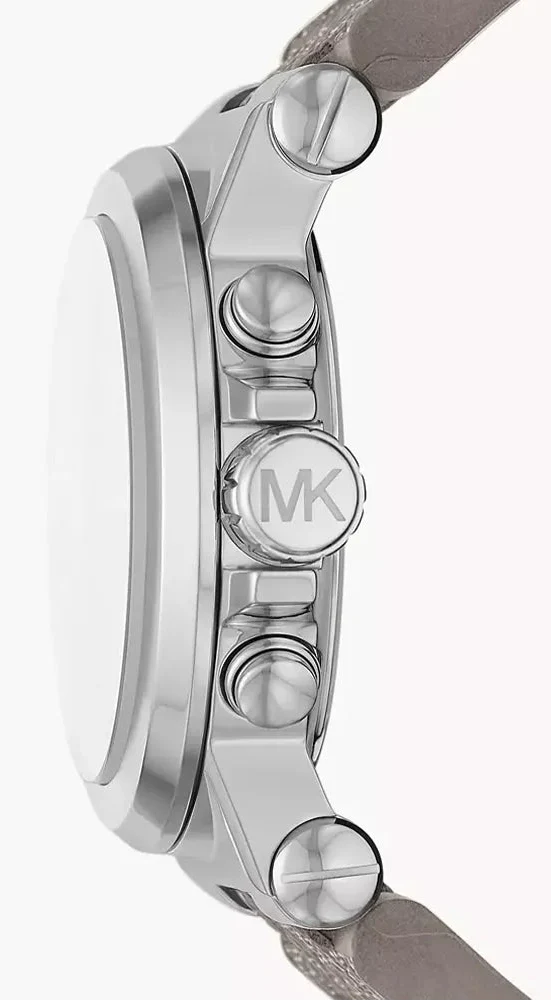 Michael Kors Dylan chronograph watch side profile showing chronograph pushers and silver case