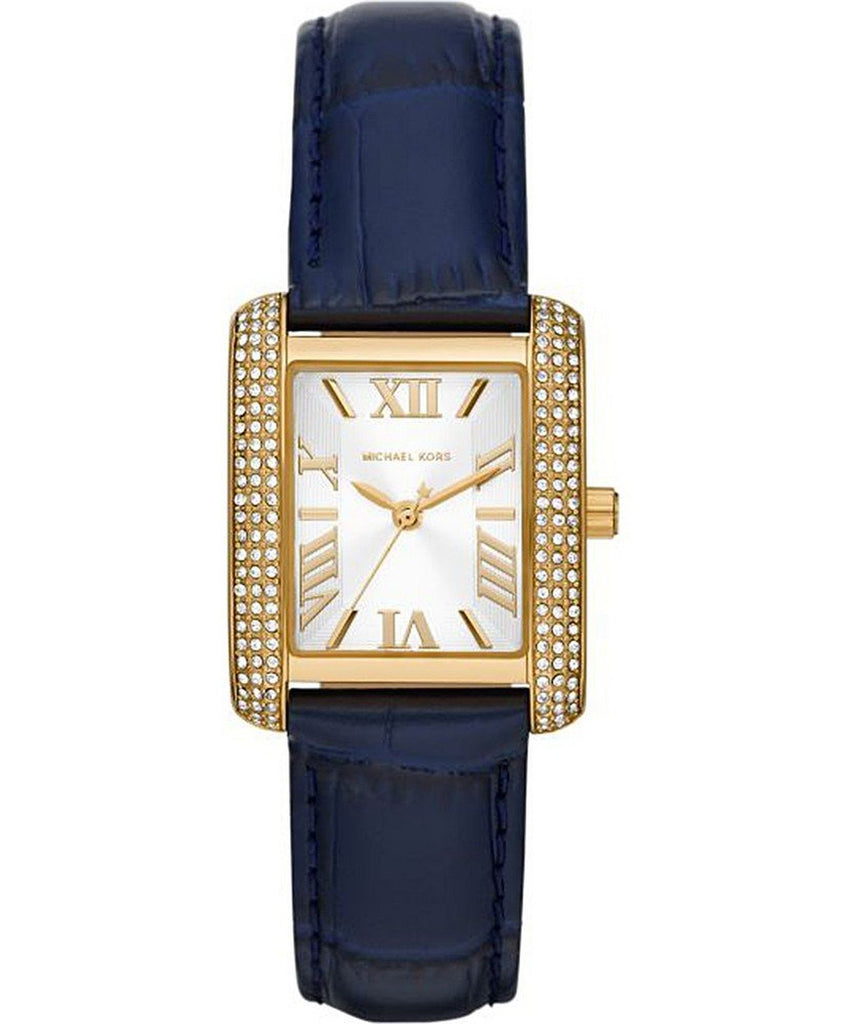 Michael Kors Emery gold-tone pavé watch with white dial and navy leather strap