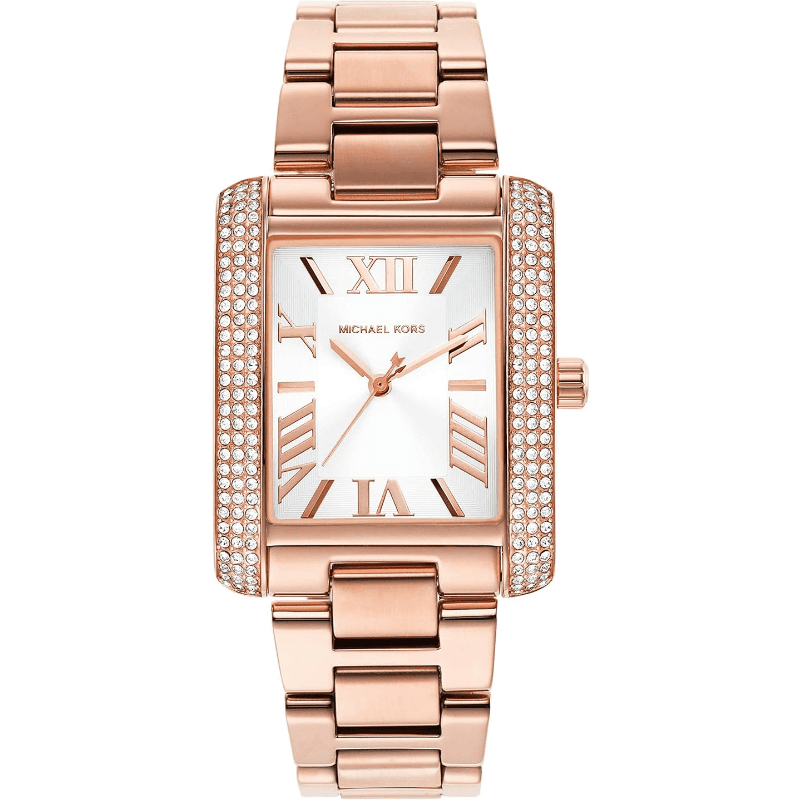 Michael Kors Emery women's watch with silver dial, rose gold case with crystal-set bezel, and rose gold steel bracelet