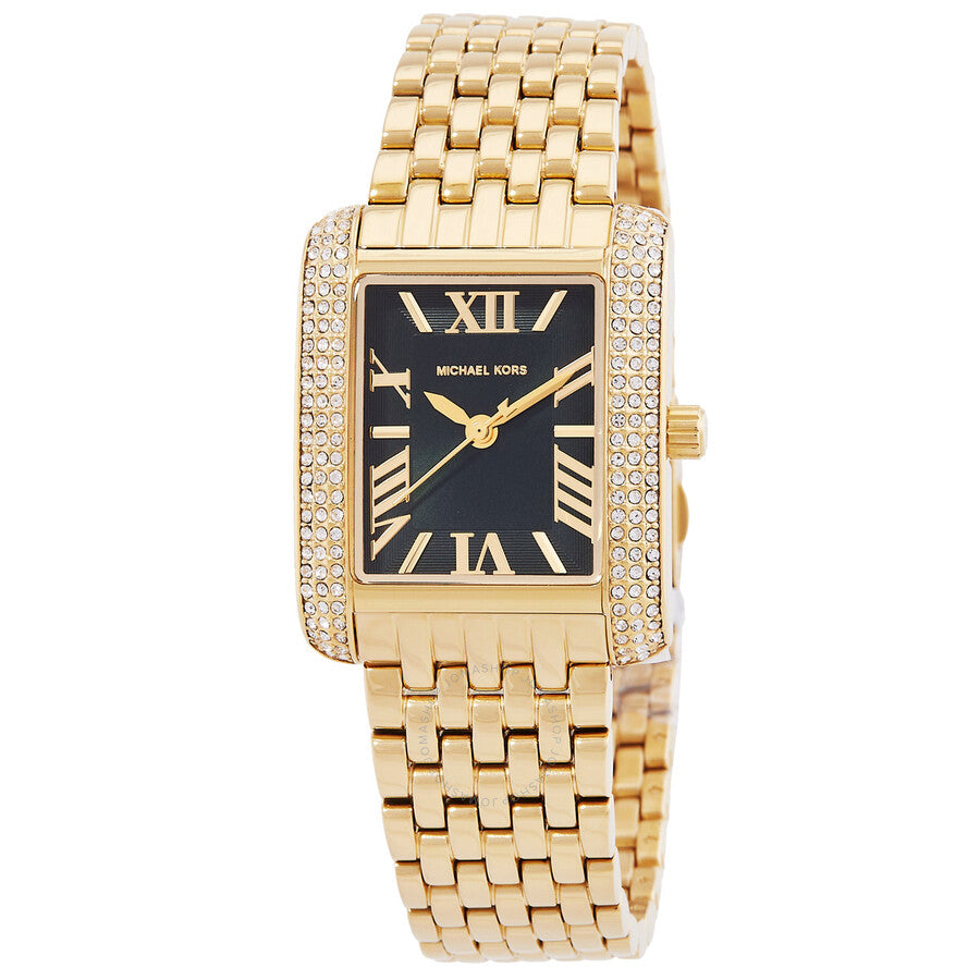 Michael Kors Emery gold-tone ladies watch with black dial, crystal-set bezel, and link bracelet