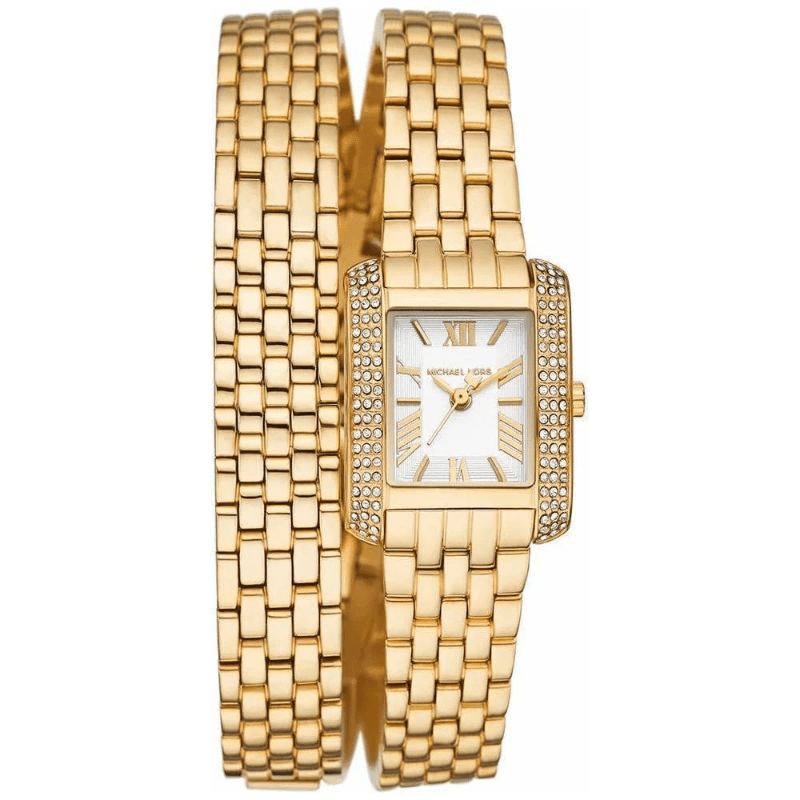 Michael Kors Emery Pave Double Wrap watch with white dial and gold bracelet