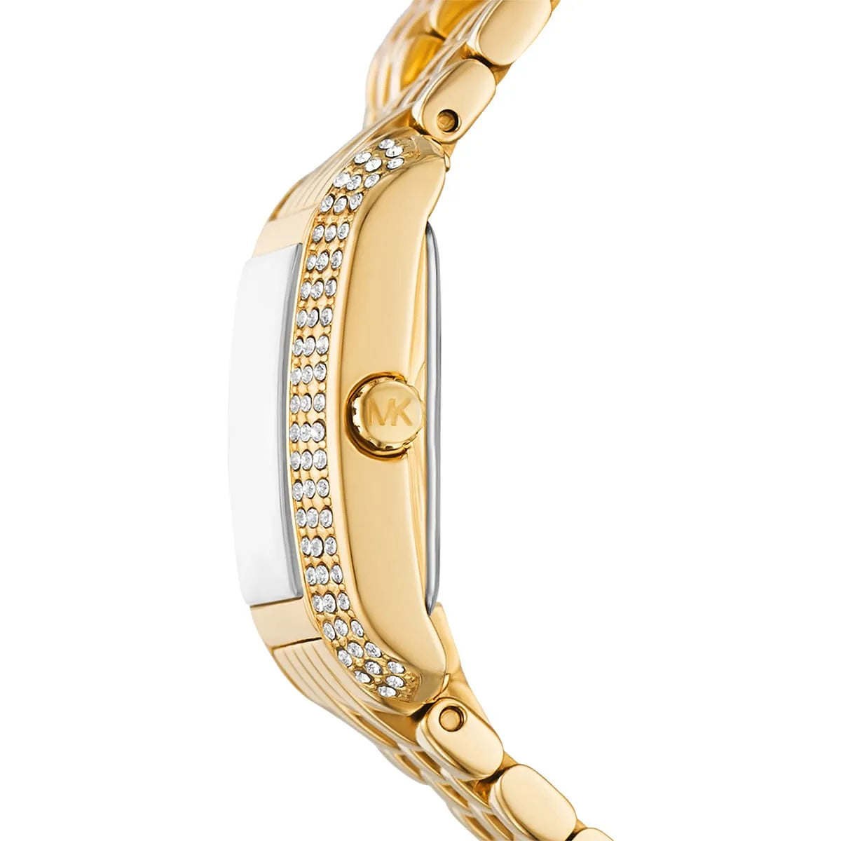 Michael Kors Emery MK4833 side view showing white dial and crystal-paved case