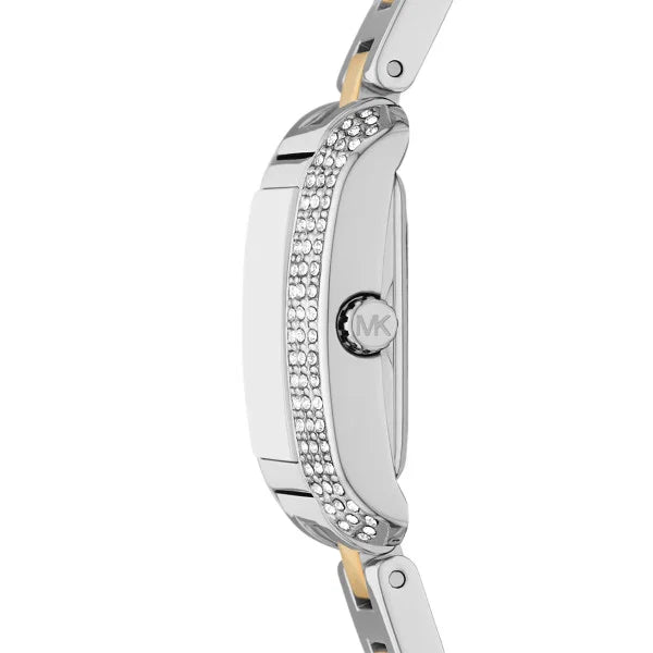 Side profile of Michael Kors Emery watch showing crystal-set case and two-tone strap
