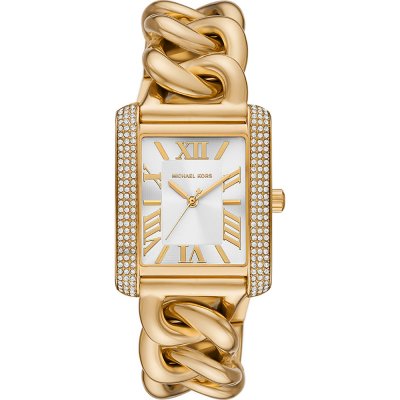 Michael Kors Emery MK7300 gold-tone watch with rectangular face, crystal bezel, white dial, and chunky chain strap