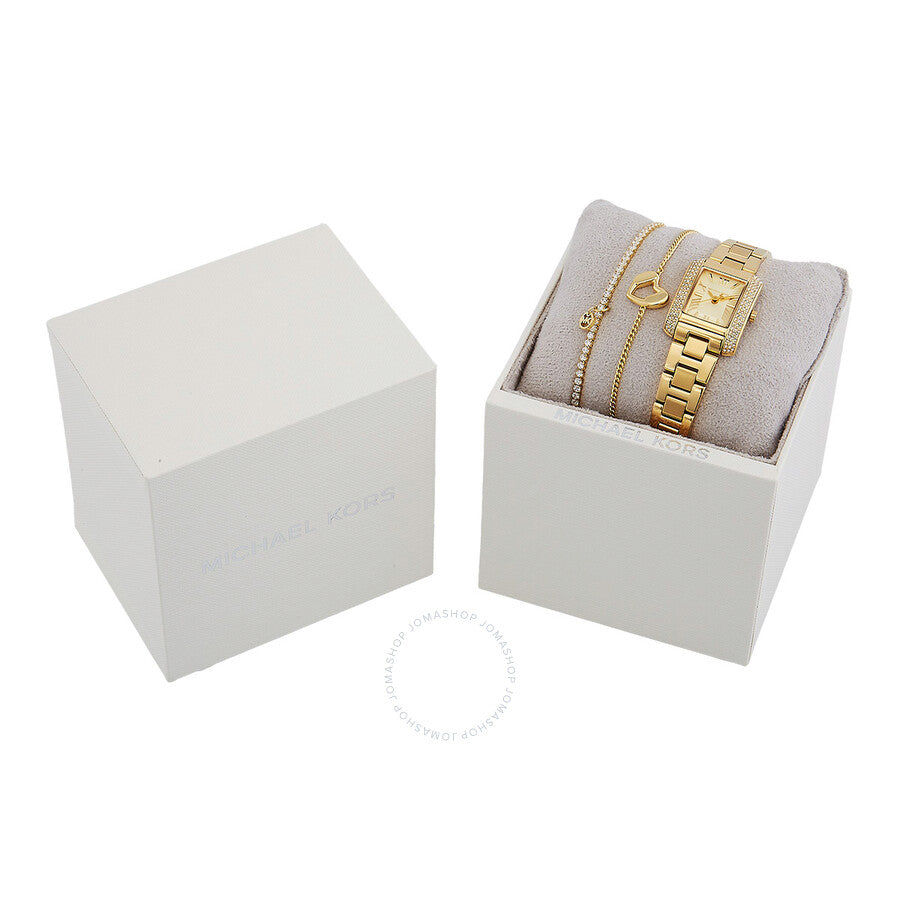 Michael Kors Emery gift set box with watch and matching bracelets packaged together