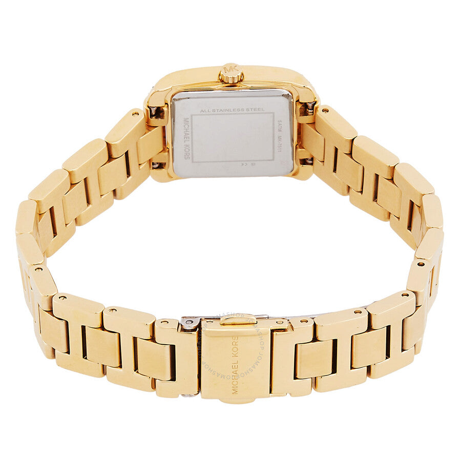 Caseback view of Michael Kors Emery watch showing full link bracelet