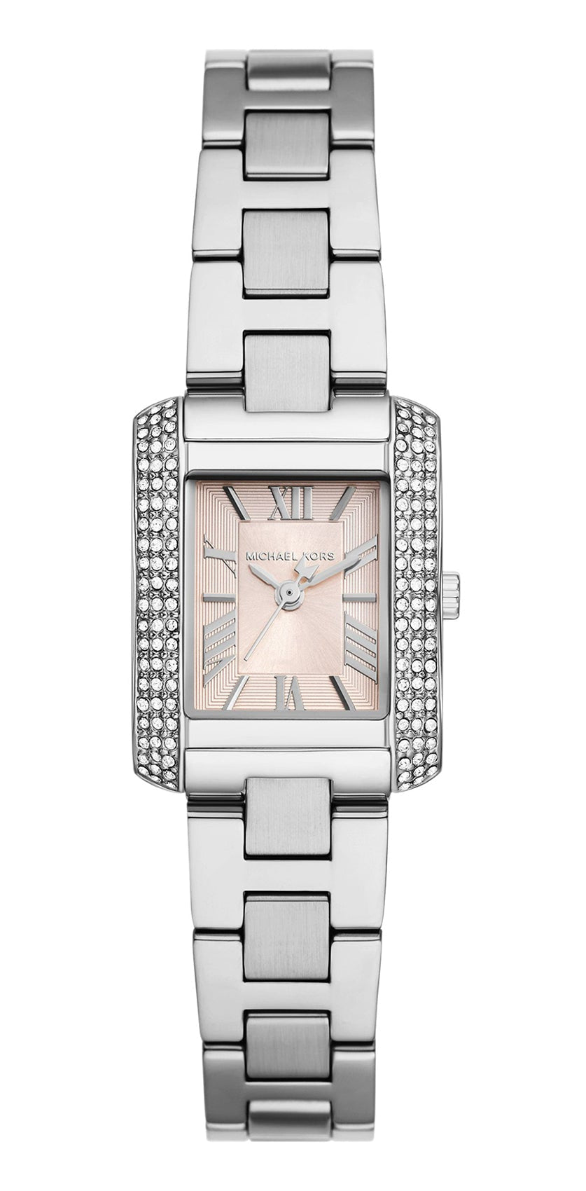 Michael Kors Emery MK7514 women's watch with pink MOP dial, three hands, silver-tone rectangular case and bracelet with crystal-set bezel