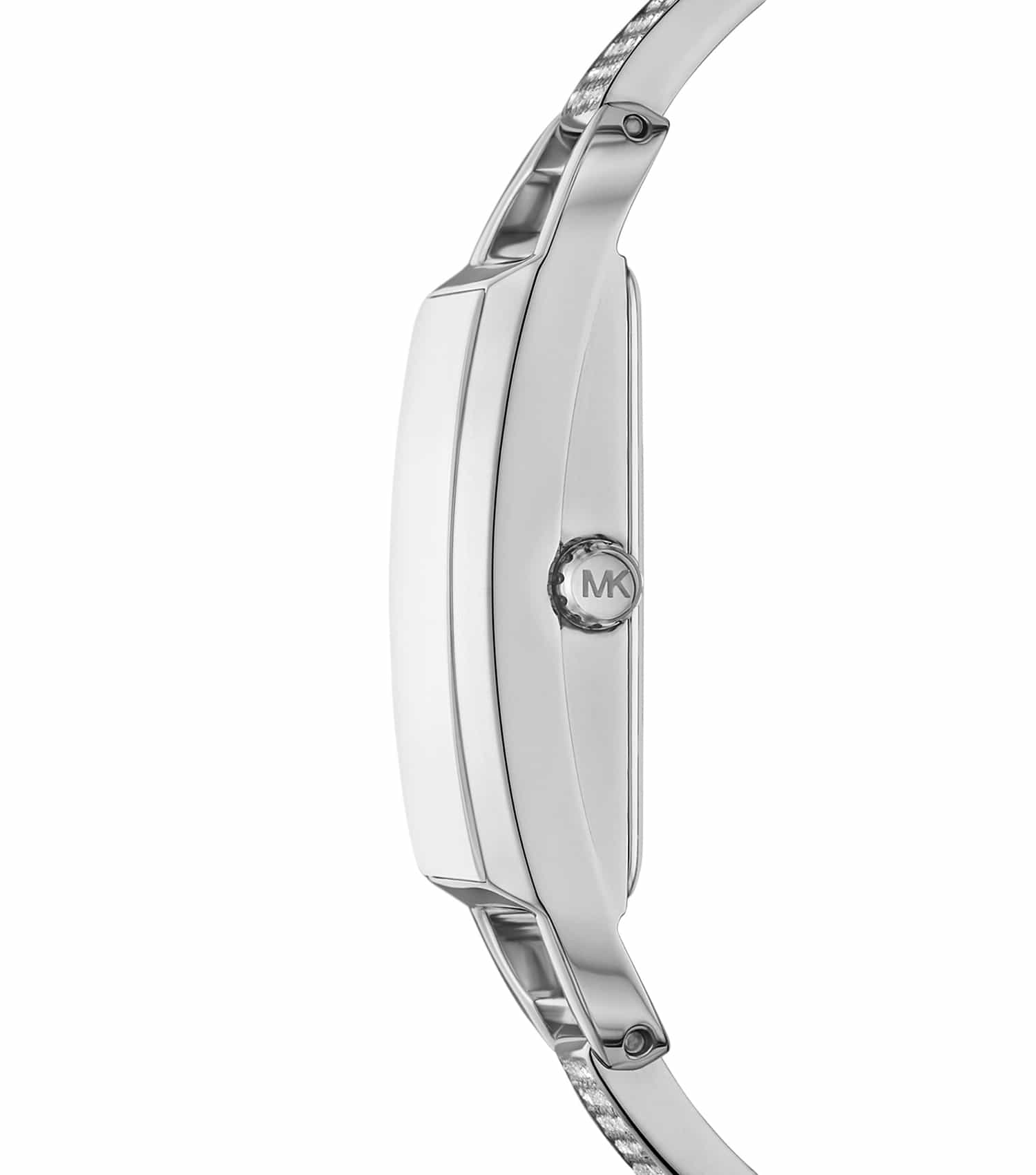 Michael Kors Empire women's watch side profile showing mesh bracelet bangle and case depth