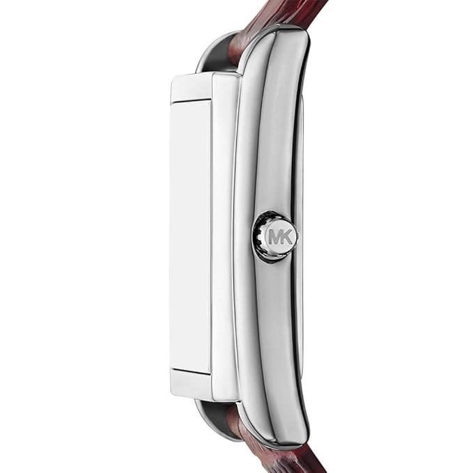 Side view of Michael Kors ESSEX MK4966 showing polished steel case and red leather strap