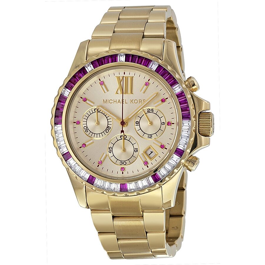 Michael Kors Everest chronograph watch with champagne dial and purple crystal-set bezel