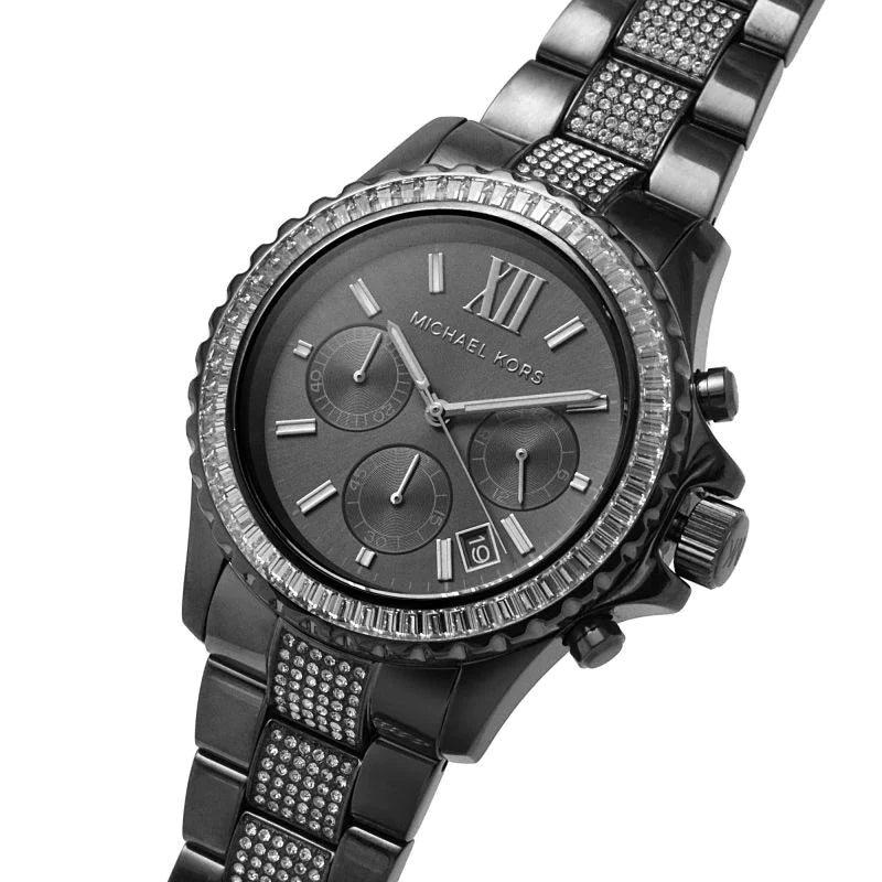 Michael Kors Everest chronograph with black dial and diamond-set bezel angled view