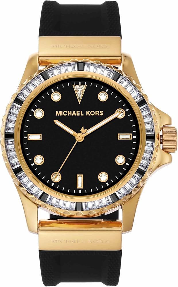 Michael Kors Everest watch with black dial, pavé crystal bezel, gold case and black silicone strap