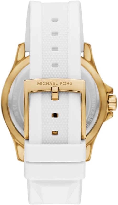 Michael Kors Everest watch caseback with white silicone strap and gold-tone hardware