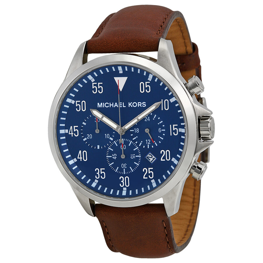 Michael Kors Gage Chronograph blue dial watch with brown leather strap and silver case