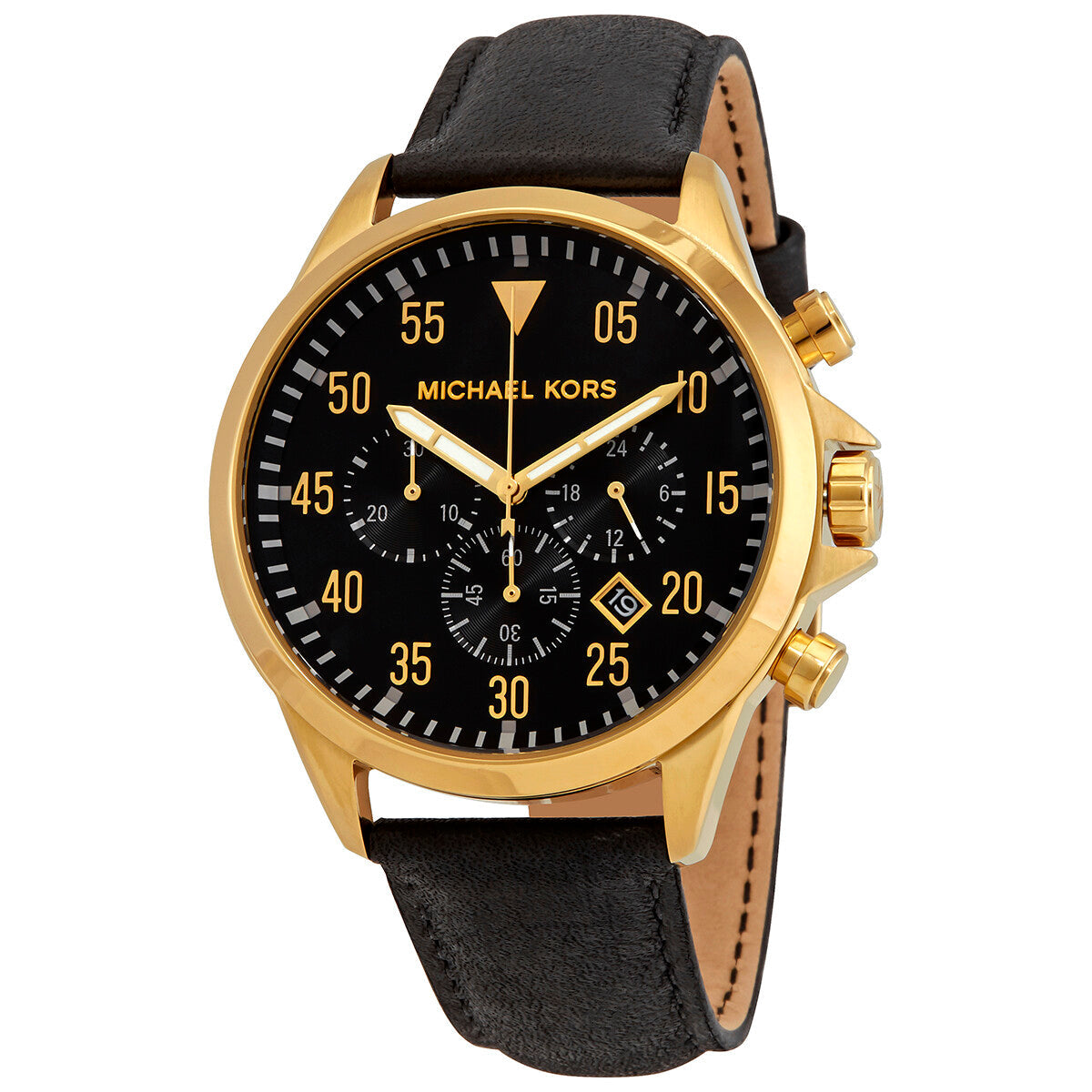 Michael Kors Gage chronograph watch with gold-tone case, black dial, and black leather strap