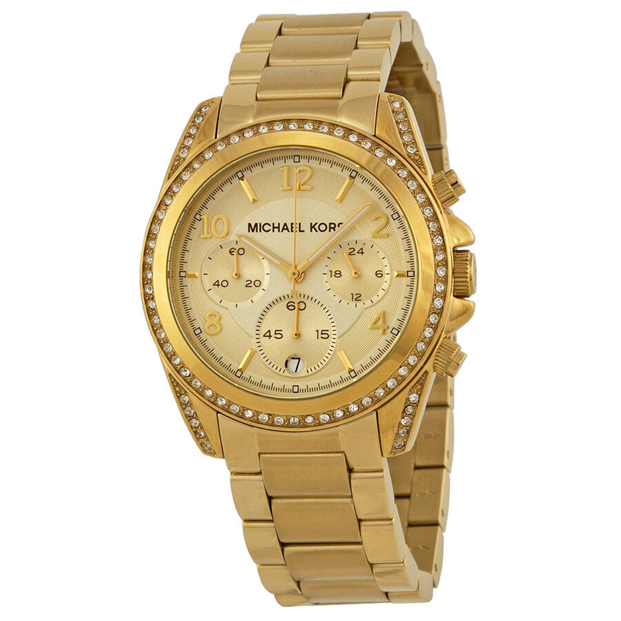 Michael Kors Golden Blair Glitz chronograph watch with gold bracelet, crystal-set bezel and champagne dial