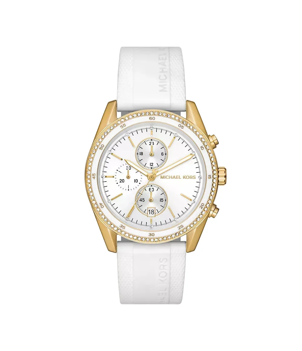 Michael Kors Hadyn MK7484 gold-tone chronograph watch with white silicone strap and pavé bezel